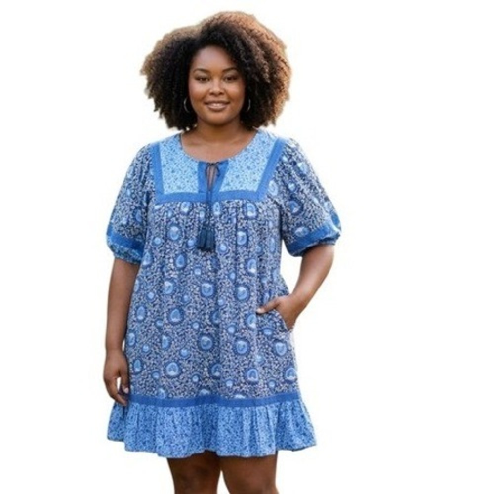 Old Navy Womens size XXL Boho Puff-Sleeve Peasant Tassel Floral Mini Swing Dress